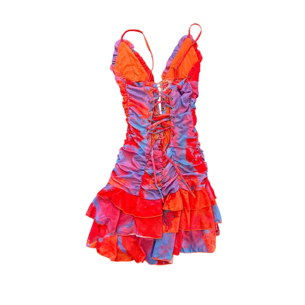Outcast Madrid XS Red Purple Tie Dye Ruched Mesh Lace Up Ruffle Mini Dress - Picture 5 of 7